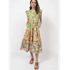 Uncle Frank Floral Three Dahlia's Midi Dress Flutter Sleeve Tiered Pockets Small